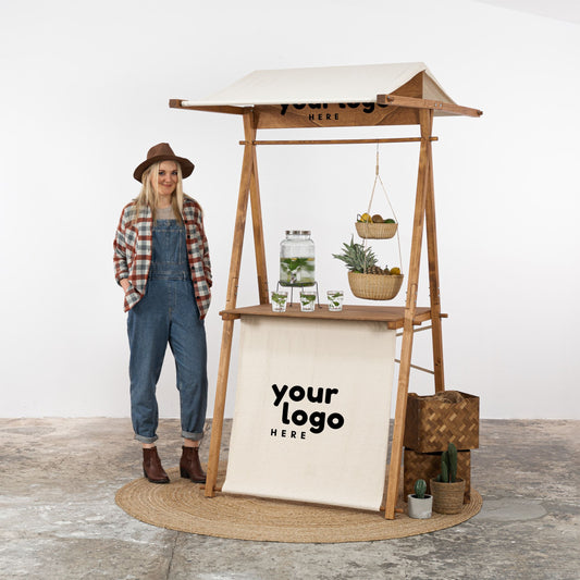 Serving station VC-01-CF in coffee color with front panel and sun canopy options, reusable wooden display, market stand