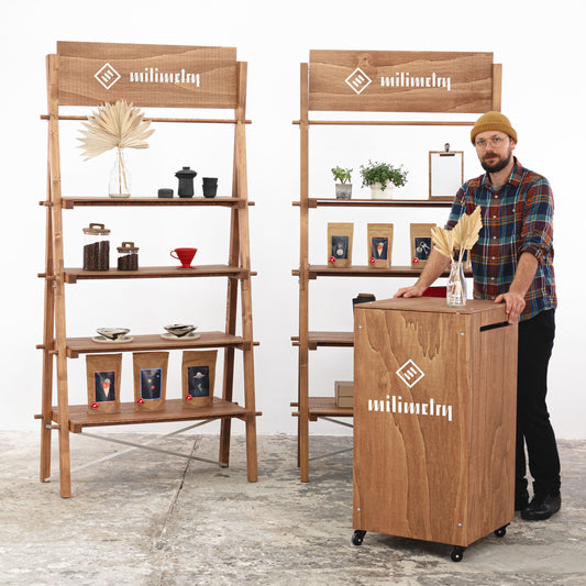 SET Praga CF: Checkout station on wheels VC-06-W-CF and 1 or 2 display shelves VS-03-CF | coffee color | booth set up