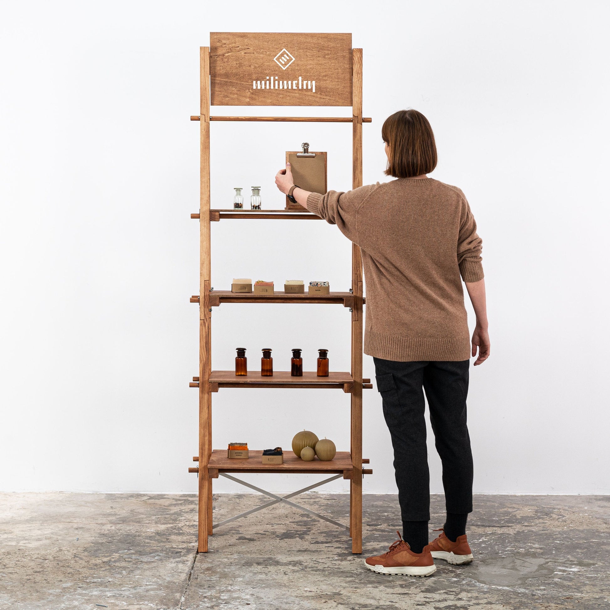 Collapsible retail shelving unit VS-04-CF in coffee stained color, custom logo retail stand, vendor stand, brand corner | Milimetry