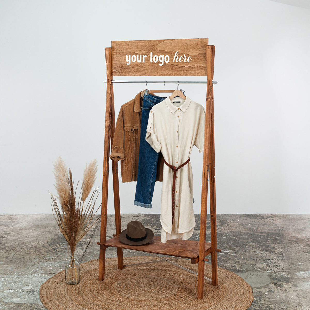 Portable wooden garment rack VR-02-CF with custom logo board | pop up ...