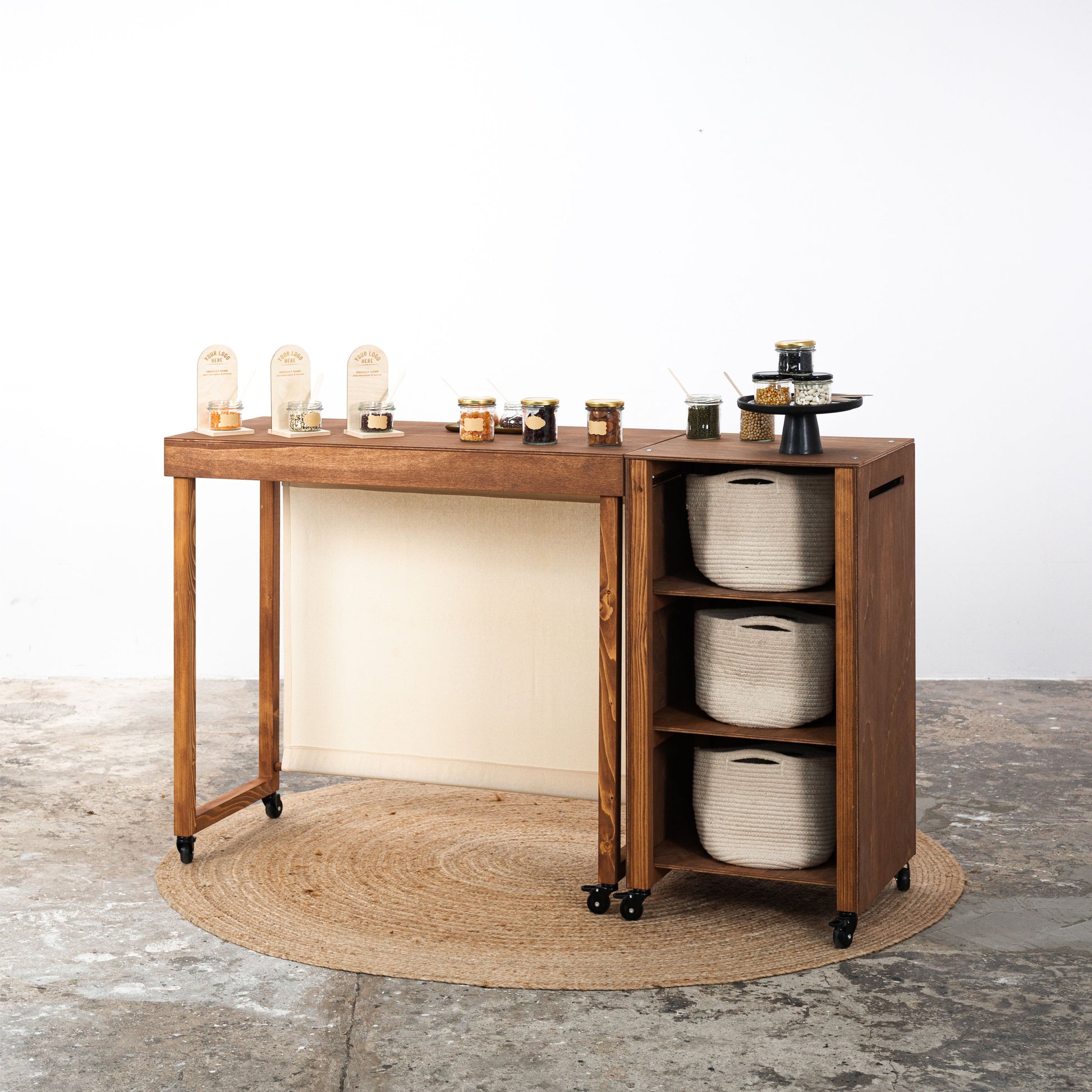 SET Vienna: Portable counter VC-06-W and table VC-04-C-W table in coffee color check out station, tasting station | Milimetry