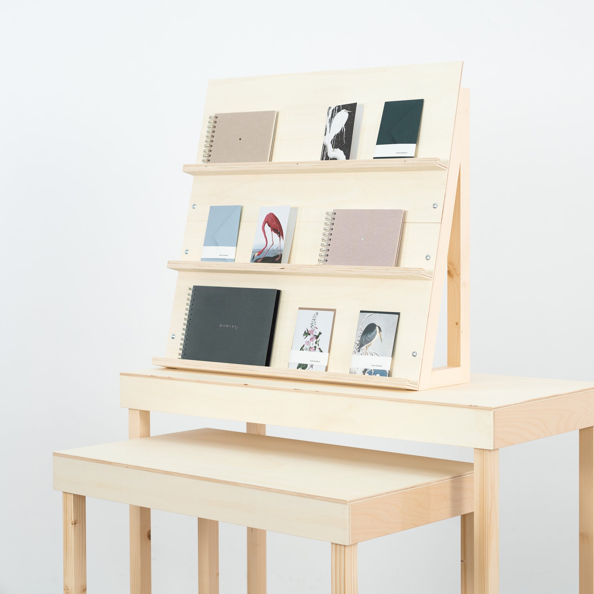 Wooden display stand for notebooks, books, planners, cards