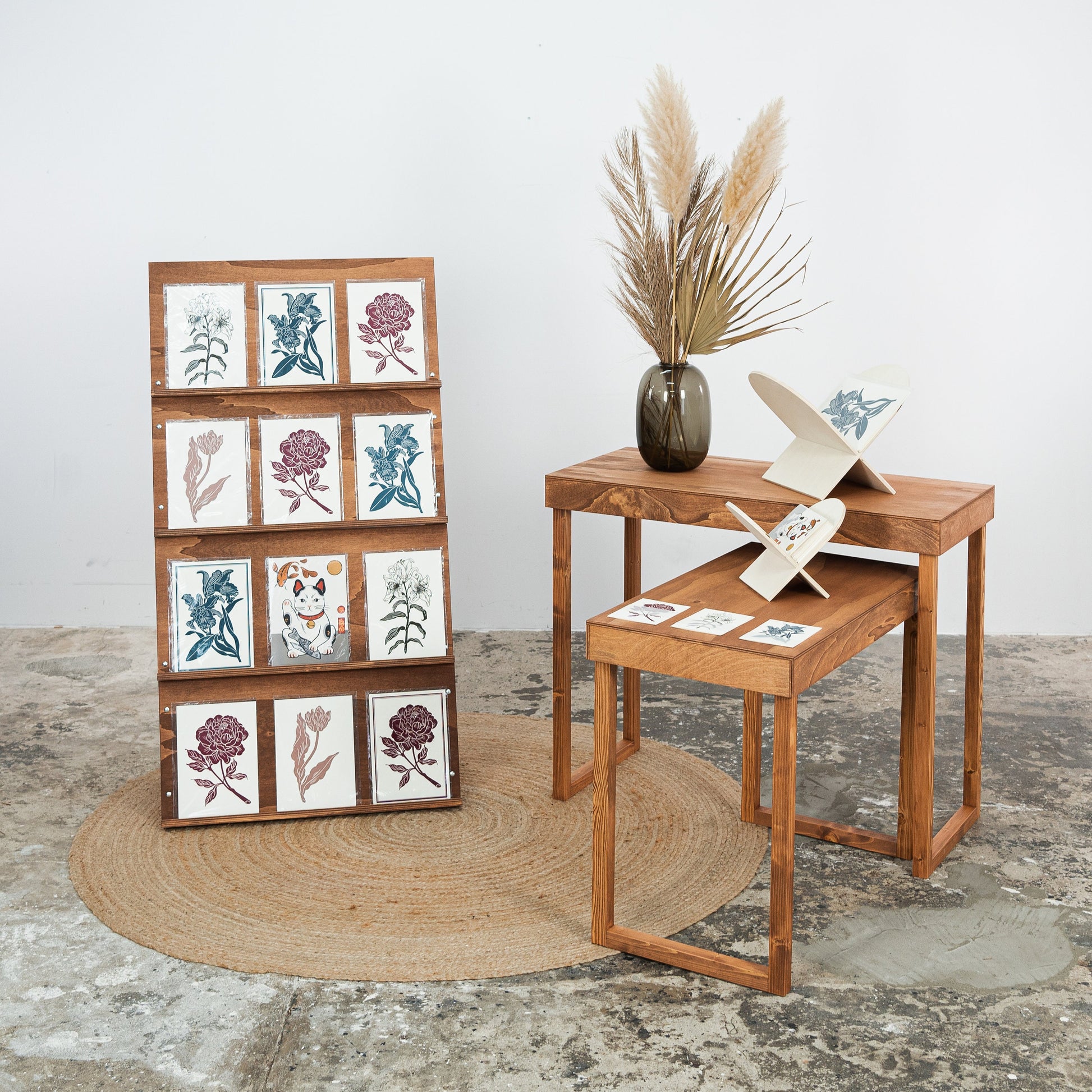 Large wooden display stand for notebooks, books, planners, cards in coffee color