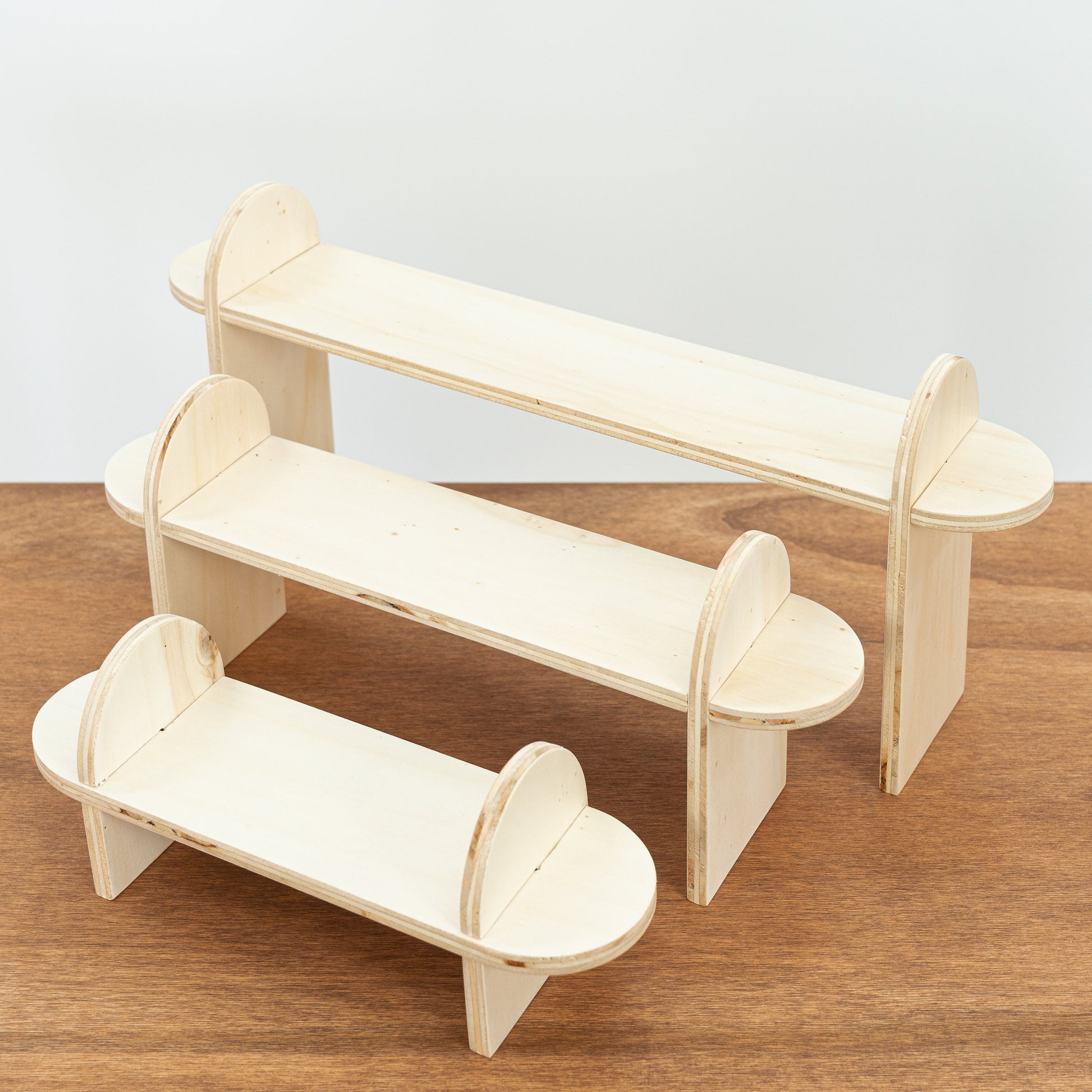 Set of 3 product risers, 3-tired tabletop plywood display stand VAR-05-NT