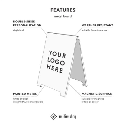 Metal magnetic advertising board, sandwich board, A-board for outdoor use, for restaurants, bars, shops and events